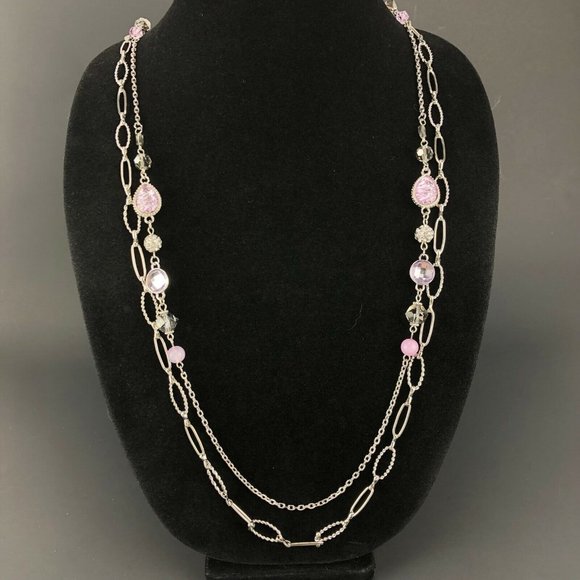 Metal Jewelry - Kohls Metal Necklace Long Double Strand Chain Silver Tone Lavender Beads